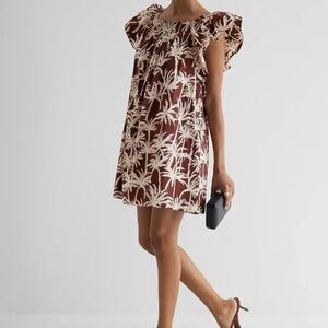 NWT Express Printed Square Neck Flutter Sleeve Poplin Mini Shift Dress XS
